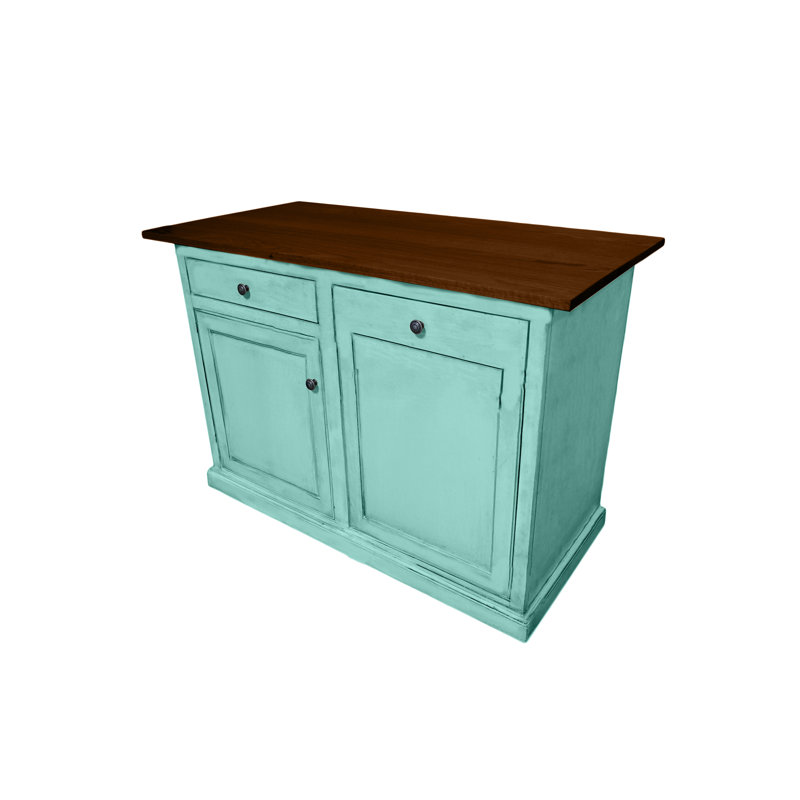 Traditional 48" Solid Wood Kicthen Island with trash bin compartment and Drop Leaf, Aqua Fiesta