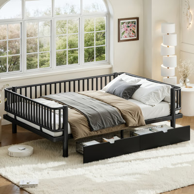 Grand lit plateforme avec tiroirs de rangement, structure de lit de jour en métal, conception de tuyau rond de sécurité amélioré, profil bas, BlackNoBoxSpring