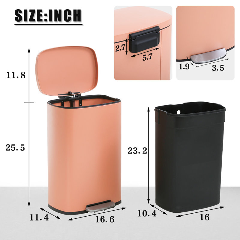 13 Gallon Pink Stainless Steel Pedal Trash Can with Removable Bucket