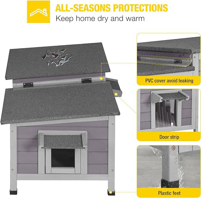 Cat House Outdoor Feral Cat Shelter Weatherproof Cat Condo for Winter Double Rooms Kitty Cage