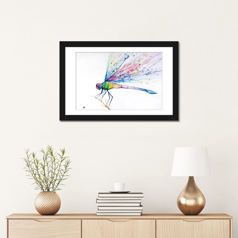 «Dragonfly» par Marc Allante, impression sur toile, H 24 po x l 32 po x P 1 po, Papier avec cadre noir, Blanc