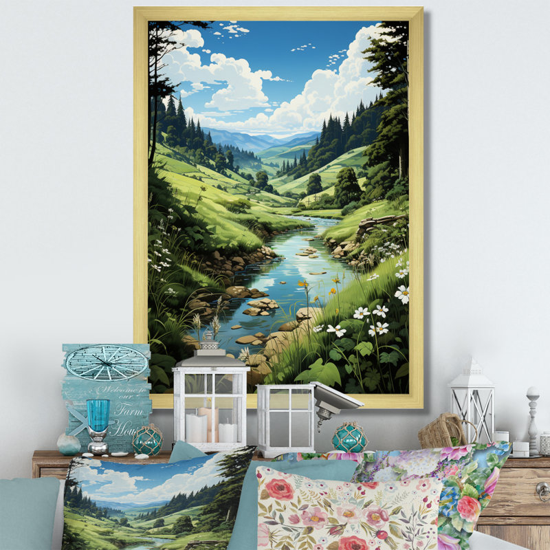 «Countryside Emerald Lake In I», reproduction sur toile, Encadrement doré, H 40 po x l 30 po x P 1,5 po
