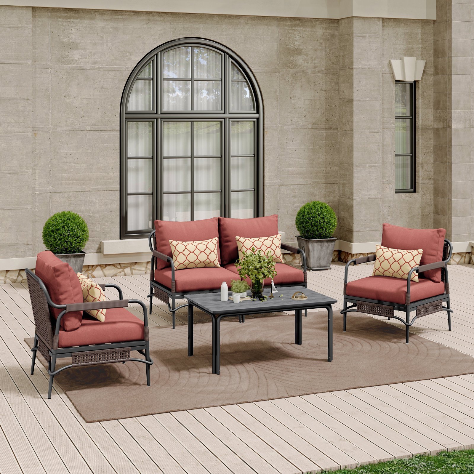 Hope 4 Piece Sofa Seating Group with Cushions, Dark Gray Frame/Canvas Henna Sunbrella Cushion
