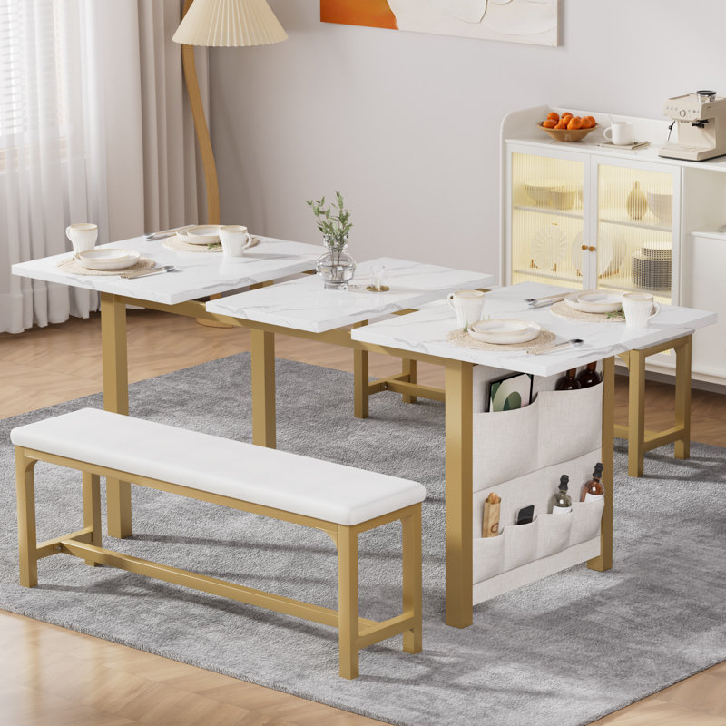 Vidala 63" Extendable Dining Table Set with Bench, Rectangular Wood Kitchen Table Set for 6-8 People, Space-Saving Expandable Dining Room Furniture, White