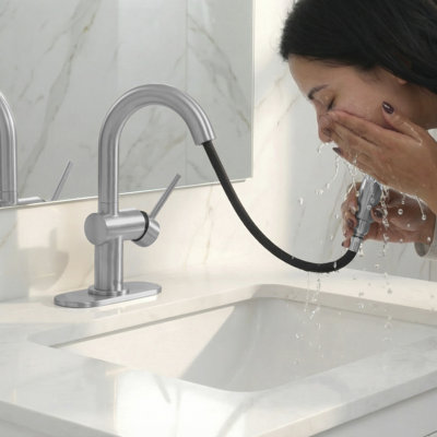 Single Handle Pull-Down Bathroom Faucet with Dual-Function Sprayer, Brushed Stainless Steel, Single Hole Vanity Sink Faucet