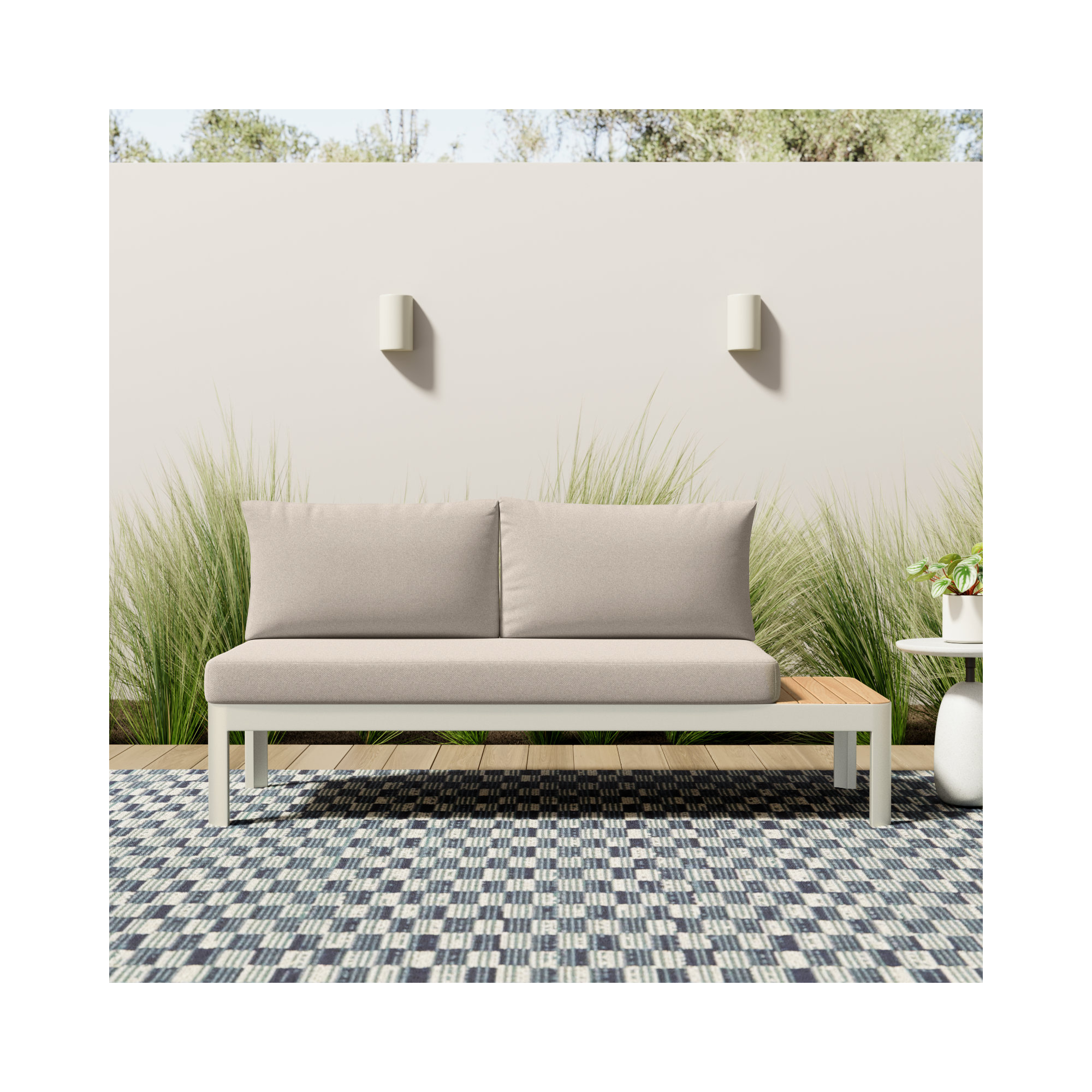 Brix 67.8'' Wide Straight Aluminum Loveseat with Cushions, White Frame/Light Sand Cushion