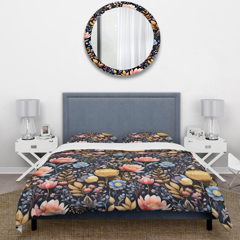 Pink And Blue Blooms Floral Pattern I - Ensemble de housse de couette à motif floral