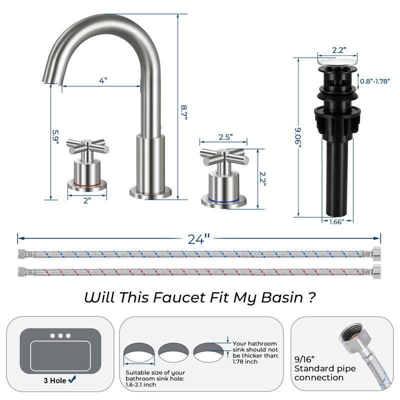 Robinet de salle de bain 3 trous HGN 8 pouces, robinet d'évier 2 poignées avec bonde escamotable, Nickel brossé