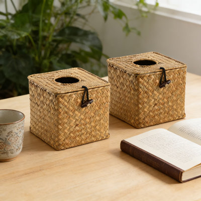 Seagrass Tissue Box Cover 2-Pack, Handwoven Rattan Paper Holder With Hinged Lid For Facial Tissues, Decorative Square Napkin Dispenser For Home And Office
