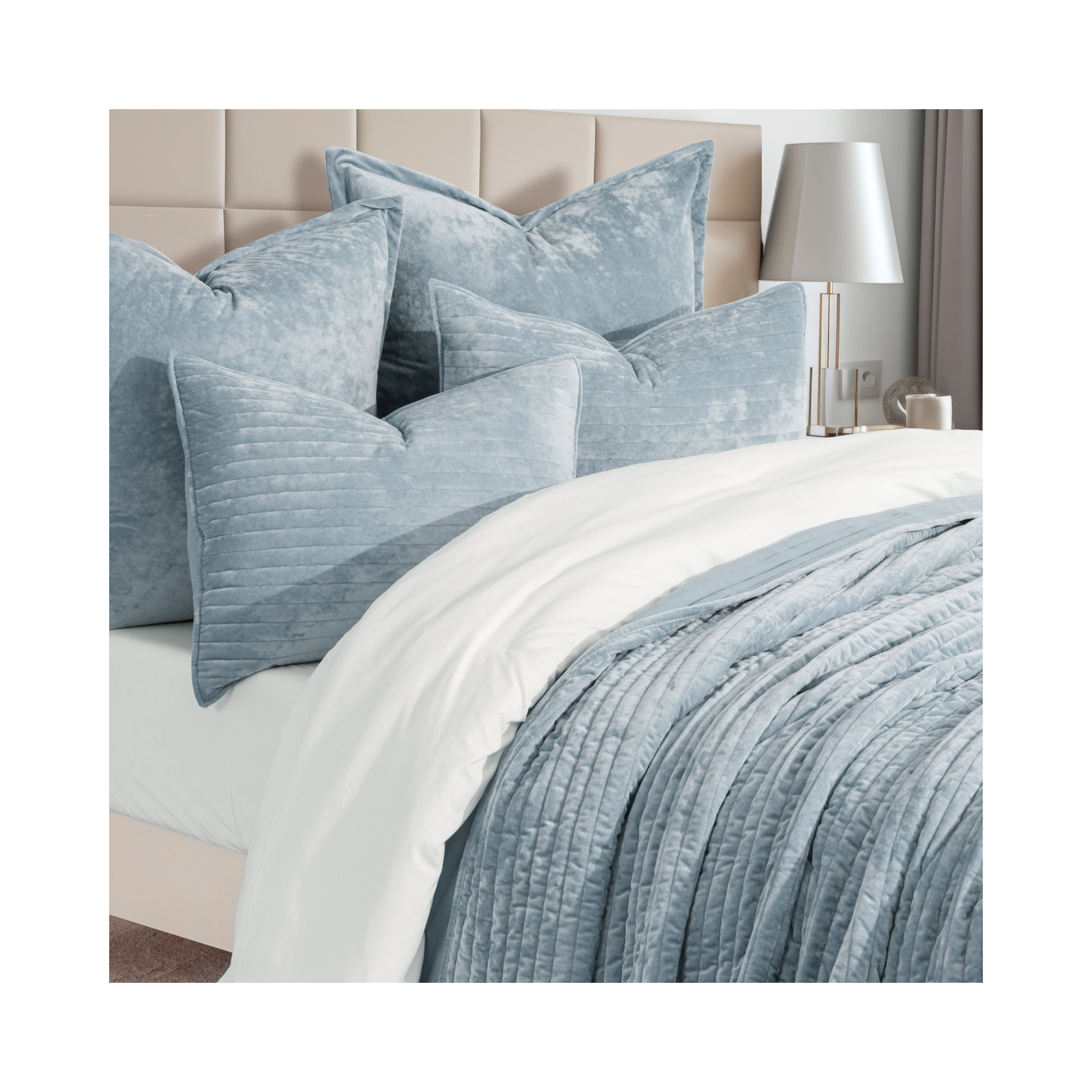Luxe Velvet Channel Quilt Set, Blue Linen, Queen