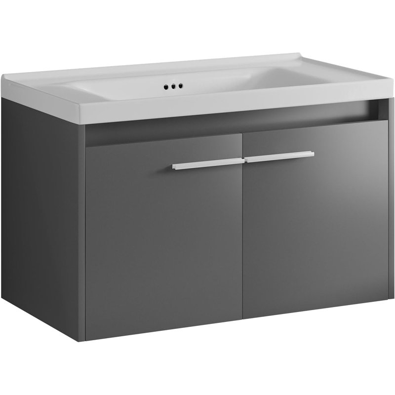 Meuble-lavabo flottant noir 31 po avec lavabo, lumière DEL moderne, Gris