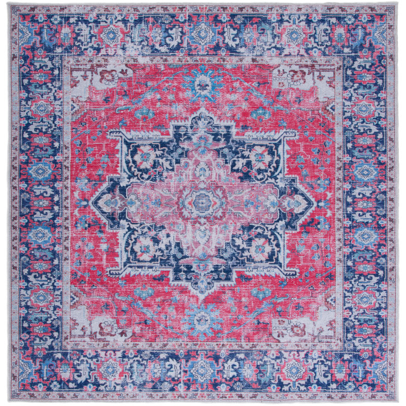 Ferrigno Oriental Cotton Red/Navy Area Rug, Square 6'7"