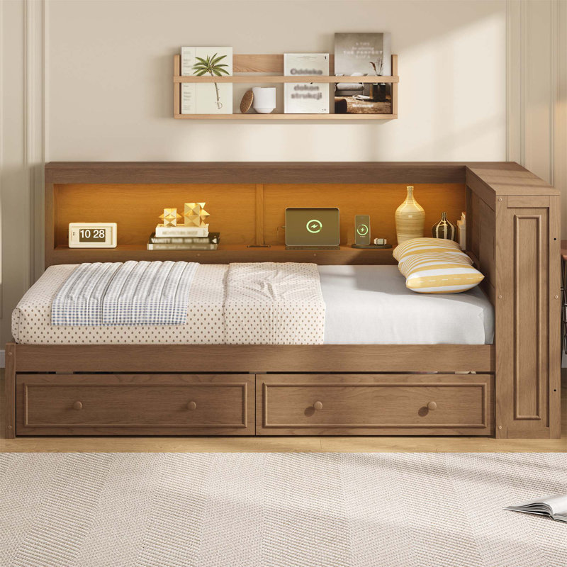 Lit de jour en bois pleine grandeur avec rangement, USB, DEL et 2 tiroirs, parfait pour une vie moderne et efficace, Bois