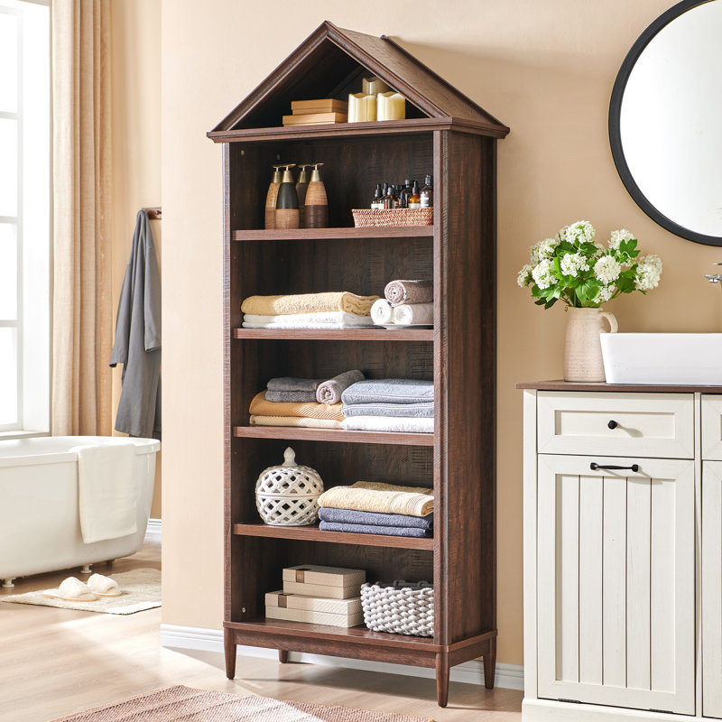 Angled Arch Bathroom Cabinet, 5 Tiers Geometric Cabinet with Storage, Modern Triangular Top Angled Arch with Adjustable Shelves, Wood Cabinet w/Open Display Shelves