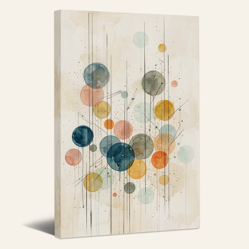 Tableau abstrait à l'aquarelle de cercles bleus et orange sur toile, 24"H x 18"W