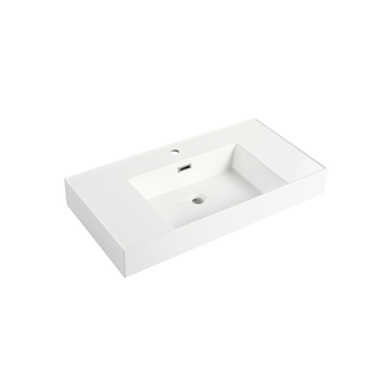 Lavabo de salle de bain en résine 36 po, teinte blanc brillant, profondeur 36,17 po x largeur 17,91 po, hauteur 46,83 po, et lavabo blanc imperméable