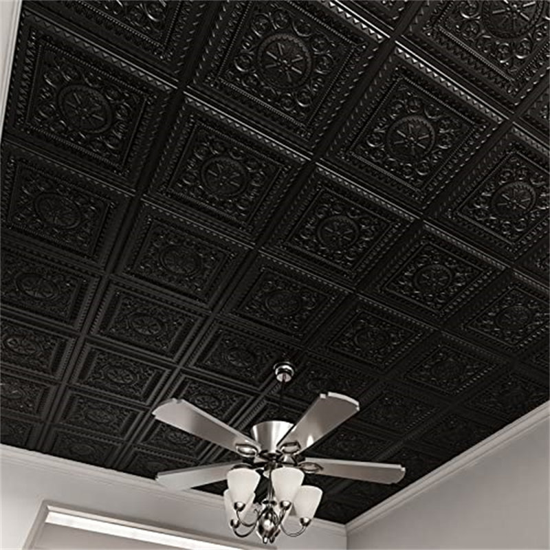 Carreaux de plafond noirs 2 x 2 pi - paquet de 12 (48 pieds carrés) - Panneaux de plafond à coller en plastique, Noir satiné