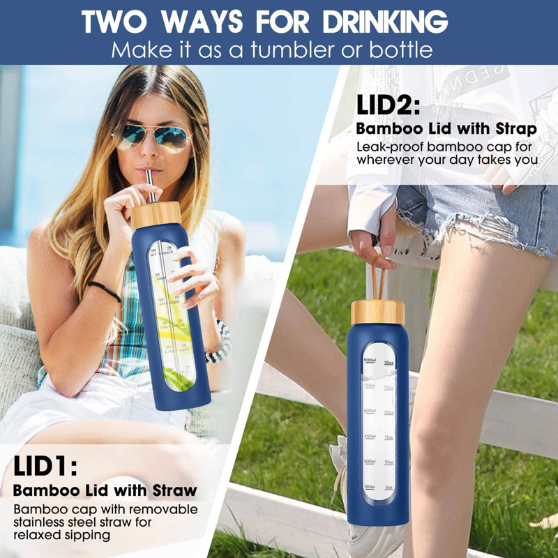 32 oz. LoochMee Bouteille d'eau en verre, Bleu marine