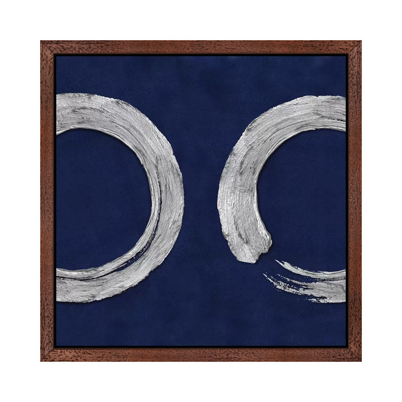 Silver Zen Circle On Blue II by Ellie Roberts - Print on Canvas, 93.98 cm H x 93.98 cm W, Brown Framed