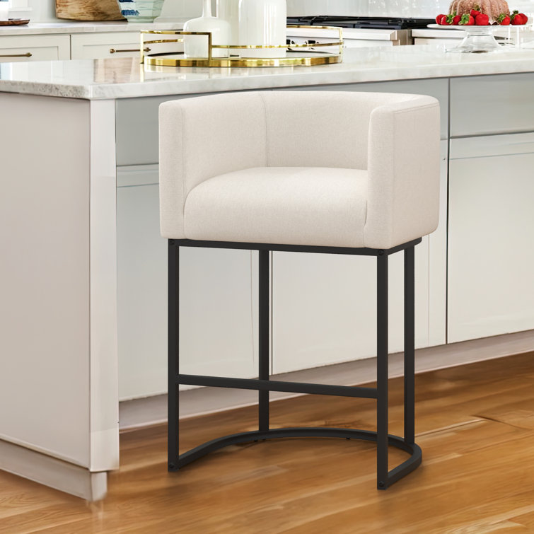 27" H Counter Height Bar Stools, Modern Barrel Counter Stools With Backrest And Arms, Black Metal Frames, Linen Fabric Upholstered Accent Barstools For Kitchen Island
