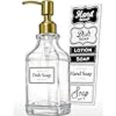 Antique Square Glass Soap Dispenser With Golden Rust Proof Pump, Refillable Soap Dispenser With 10Pcs Stickers For Kitchen, Dish Soap Dispenser For Kitchen Bathroom Soap, Hand Soap, Lotion.