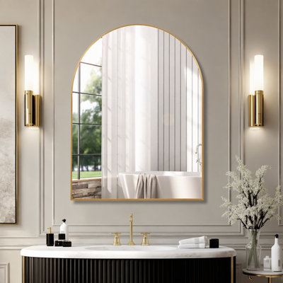 Miroir mural arqué de 76 x 102 cm (30 x 40 pouces), miroir en verre HD sans distorsion avec cadre en alliage d'aluminium antirouille, miroir décoratif arqué moderne incassable pour salle de bain, chambre et salon