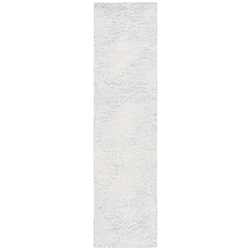 Tapis bleu / ivoire en laine et coton touffetés à la main Deloras, Tapis de couloir 2 pi 3 po x 9 pi