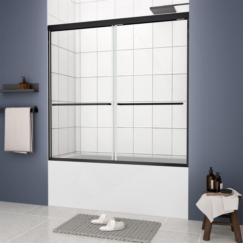 Porte de douche de baignoire, porte coulissante, avec verre trempé de 1/4 po et fini noir mat 56 à 60 po x 58 po