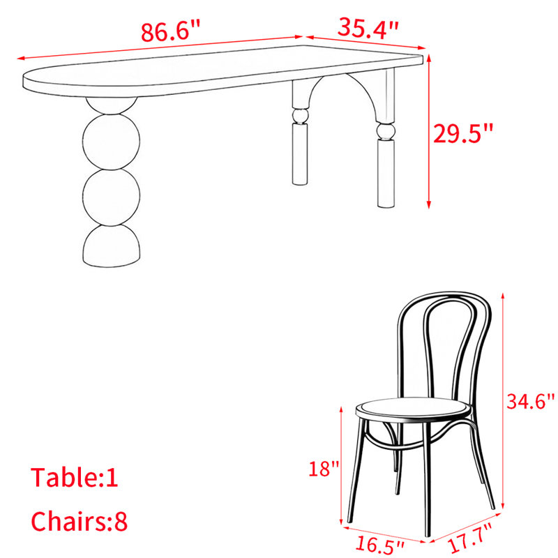 American style solid wood dining table set, 29.5"H x 86.6"L x 35.4"W