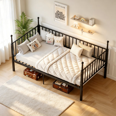 Metal bed frame, suitable for children, teenagers and adults, with bed posts, sturdy and durable, no spring mattress required, black