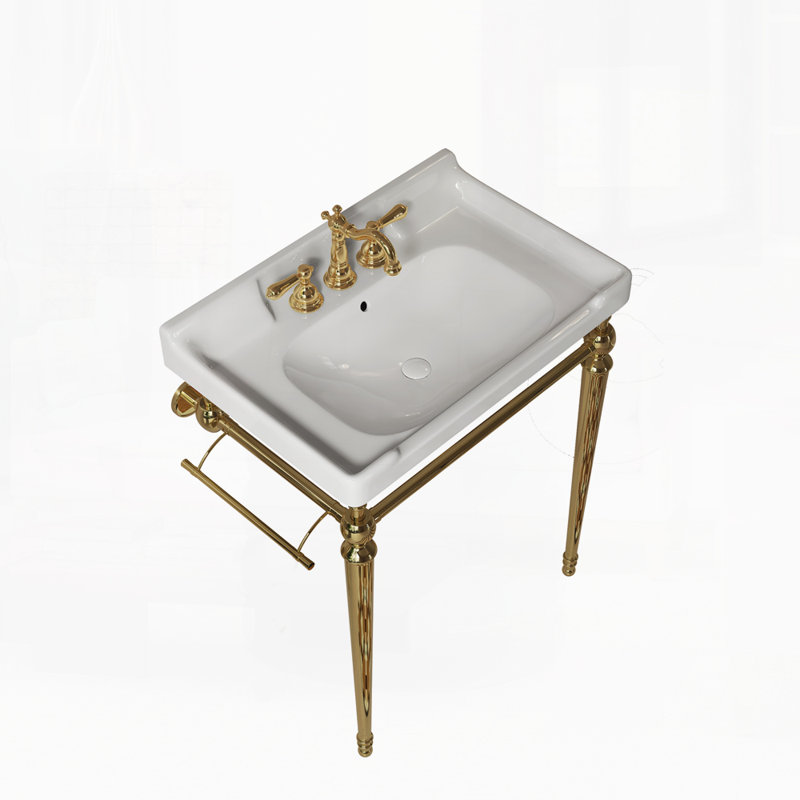 Lavabo de console de salle de bain 28 po, lavabo mural en céramique avec 3 trous de robinet pré-percés, Blanc, 28", Doré