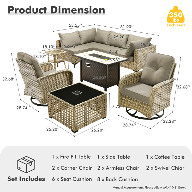 Emroy 6 - Person Outdoor Wicker Sectional Seating Group with Lighted Coffee Table and Swivel Chairs, All Weather Modular Rattan Conversation Set with Cushions
