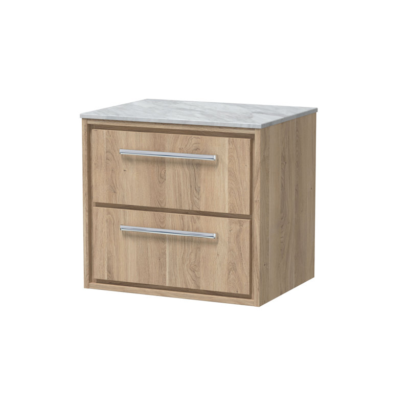 Hudson Reed Lille 600mm Bleached Oak 2 Drawer Wall Hung Vanity Unit With Grey Marble Worktop