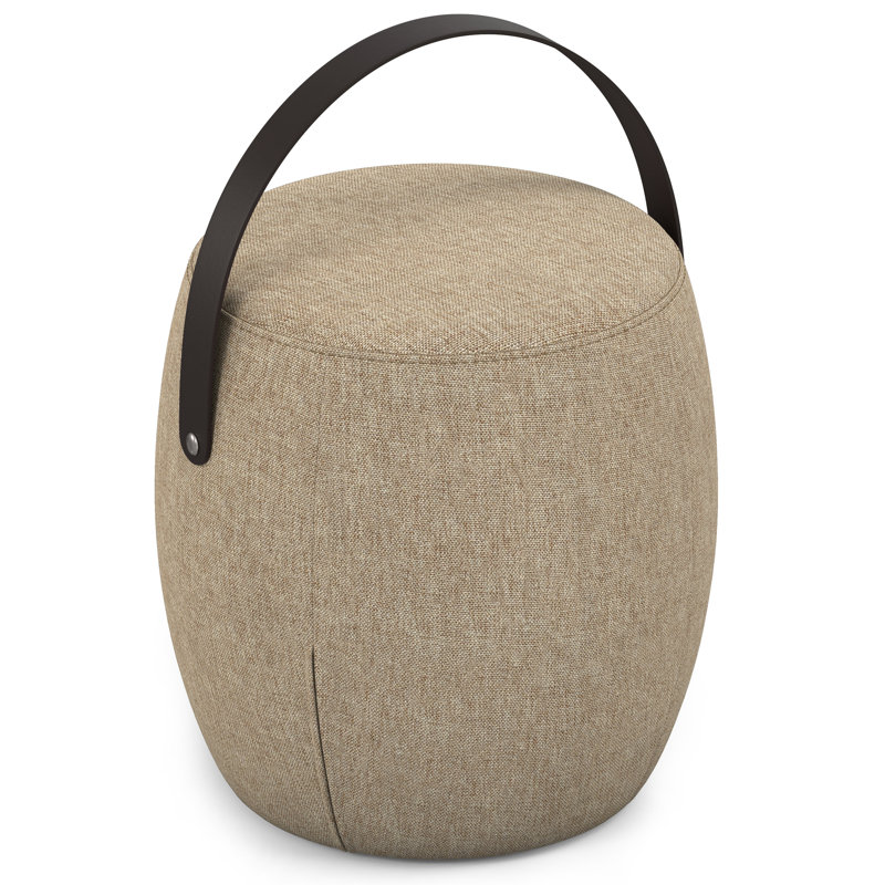 Ramsay 16"W Upholstered Round Footstool with Wood Handle, Brown Linen Blend