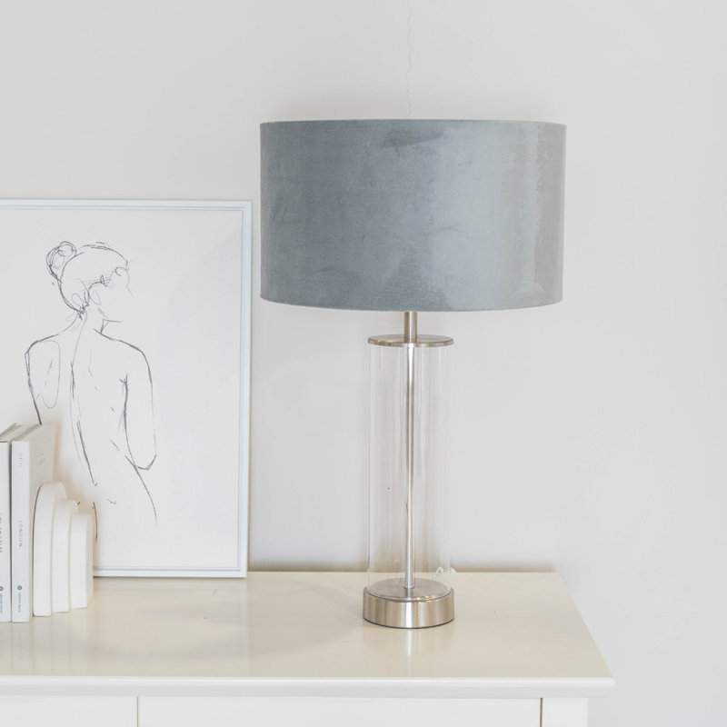 Ahedo Glass Table Lamp, Clear/Chrome Base/Grey/Chrome Shade, No