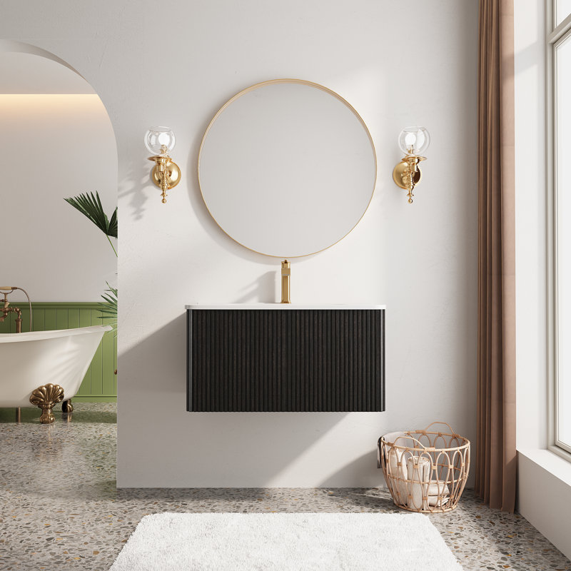 Meuble-lavabo mural simple flottant avec lavabo en céramique, Noir, 30"