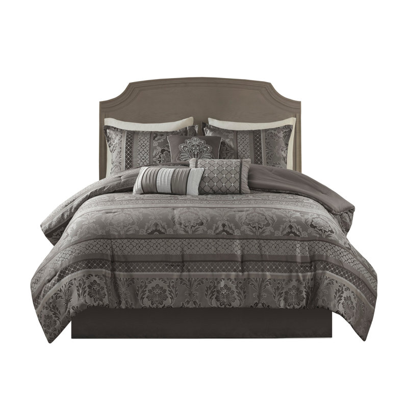 7 Piece Jacquard Comforter Set Grey Queen