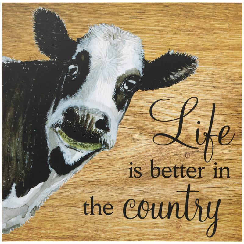 Rustic Light Brown Wood Country Wall Sign with Cow Illustration