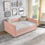 Lit de jour double avec lit gigogne escamotable simple, canapé-lit capitonné, tissu Boucle, sièges confortables et élégants-869405686-869405685