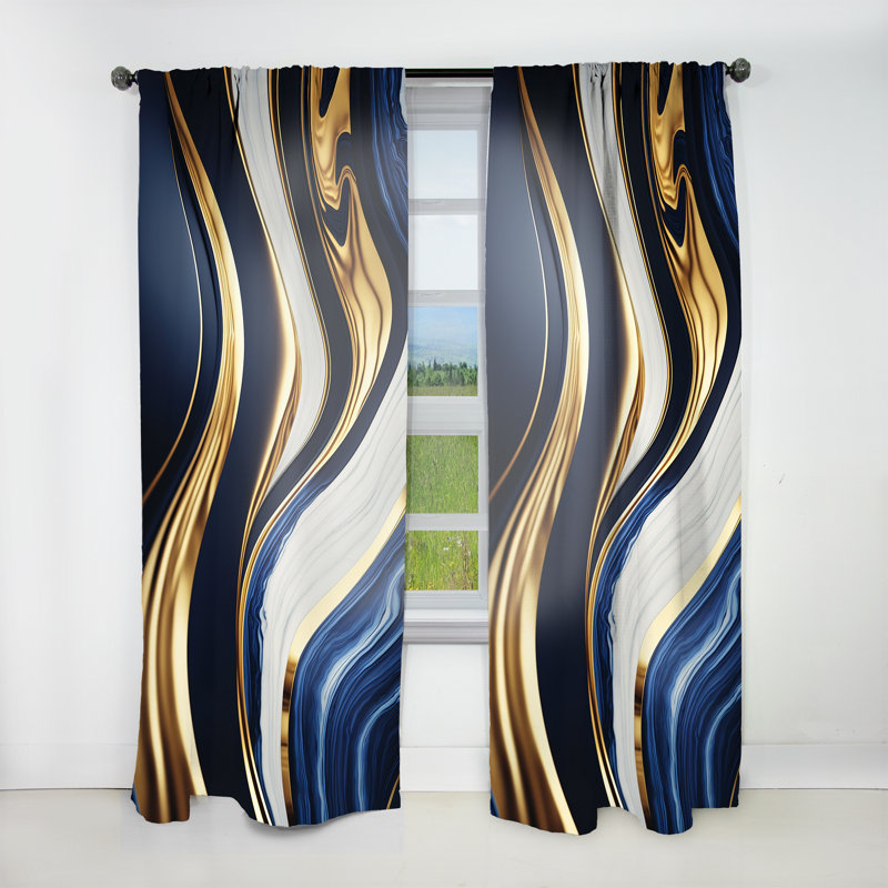Abstrait géométrique vagues bleues et dorées V - Rideau moderne - Velours obscurcissant - 1 panneau, L 52 po x L 95 po