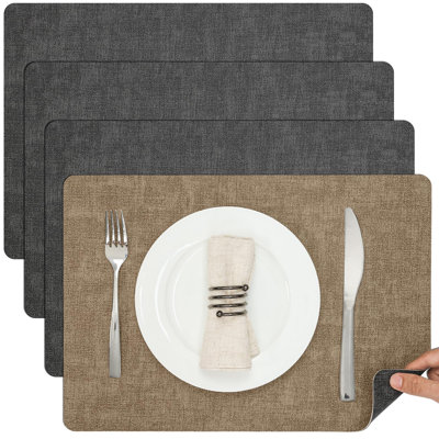 Dual Sided Placemats, Faux Leather Set Of 4 For Indoor And Outdoor Dining Tables, Square Non-Slip Washable Table Mats (Grey Beige)