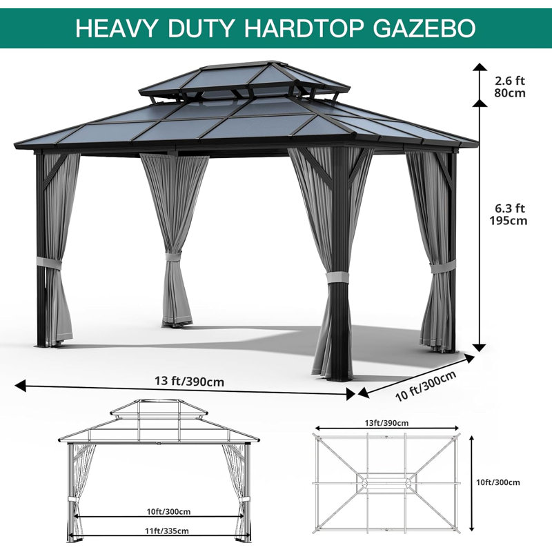 10' Hardtop Gazebo, Outdoor Polycarbonate Double Roof Canopy With Aluminum Frame, Curtains And Netting, Gray