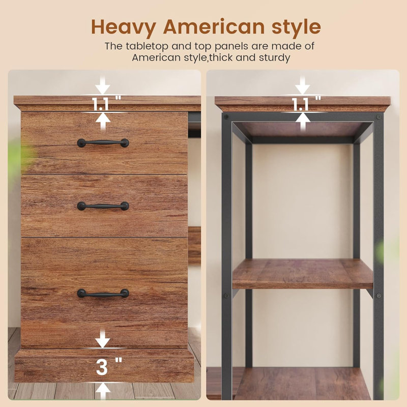 57.1" L Shaped Computer Desk with Storage, Brown