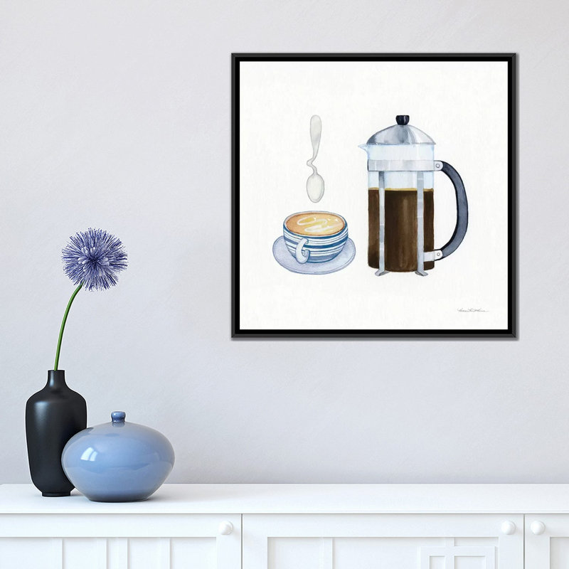 « coffee break viii », reproduction sur toile tendue, H 18 po x l 18 po x P 1,5 po, Toile avec cadre noir, Pas de tapis