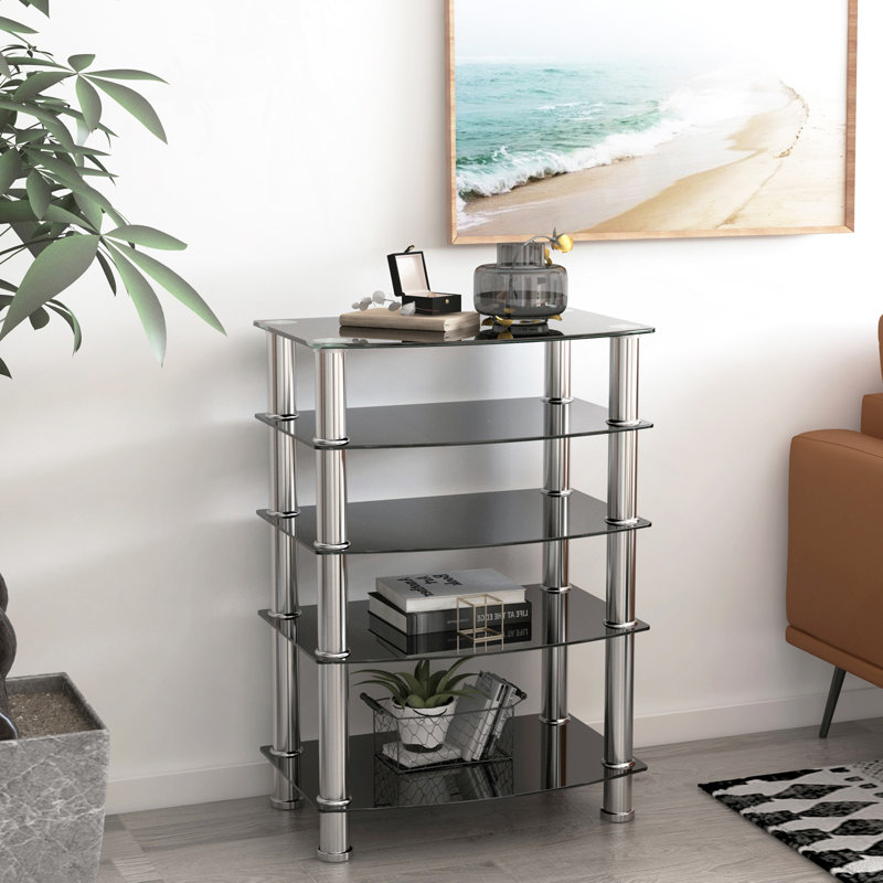 Table de bout à 5 niveaux en verre trempé avec table de bout en acier inoxydable pour le salon, la chambre à coucher, noir