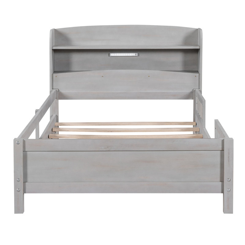 Lit plateforme gris antique en bois avec rangement à DEL, tête de lit et garde-corps intégrés, Lit simple, Gris