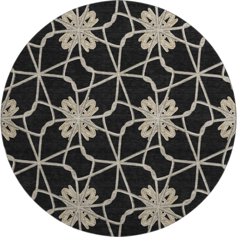 Premium Machine Washable Prisco Black Rug, Round 8'