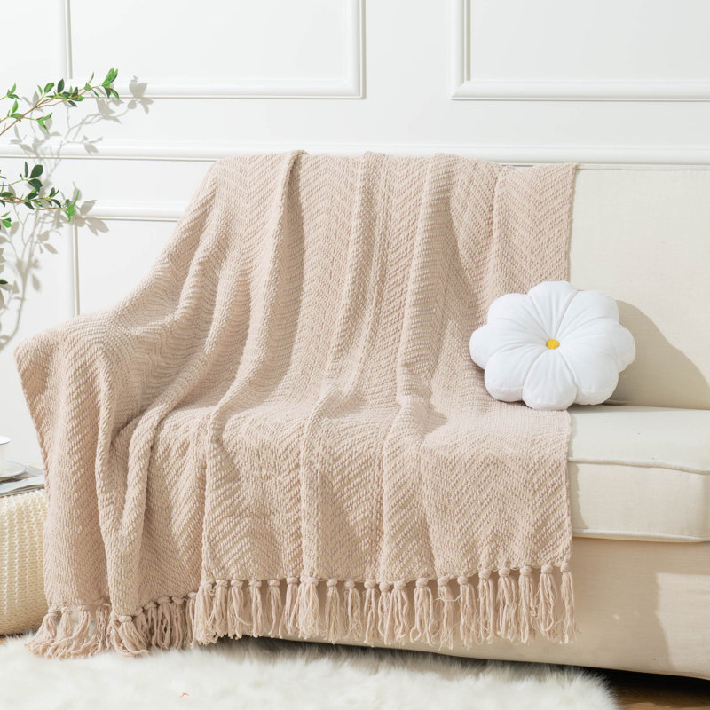 Beige Chunky Knit Chenille Throw Blanket with Tassels