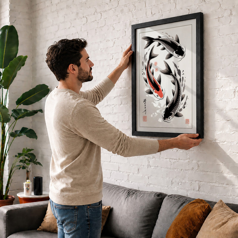 Dancing Koi Japandi - Framed Print, A1 - 84.1 x 59.4 cm, Black