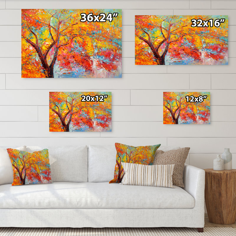 Arbre en orange jaune et rouge - reproduction d'automne sur toile, H 8 po x l 12 po x P 1 po, Toile tendue